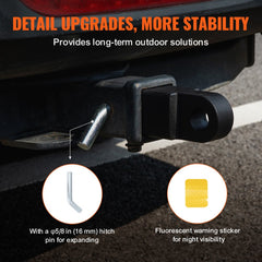 2-inch heavy-duty aluminum shackle hitch receiver with pin and fluorescent warning sticker for trucks and Jeeps.
