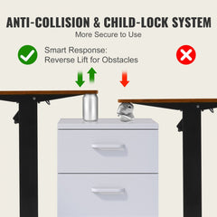 Diagram of anti-collision system on height-adjustable desk showing reverse lift for obstacles.