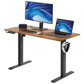 Height adjustable electric standing desk with a solid wood top and dual-beam metal frame.