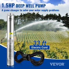 1.5HP stainless steel deep well submersible pump with 33 ft electric cord, shown in field irrigation setting.