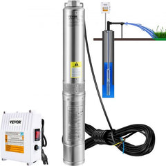 Stainless steel 1.5HP submersible well pump with control box and cables.