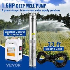Bostome 1.5HP 4-inch stainless steel submersible well pump with 37GPM flow, 276ft head, control box, and 33ft cord.