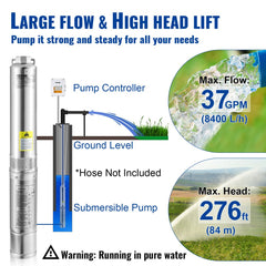 Stainless steel submersible well pump with 37 GPM flow and 276 ft head lift.