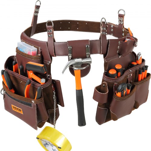Brown PU leather tool belt with 22 pockets and adjustable fit from 29 to 54 inches.