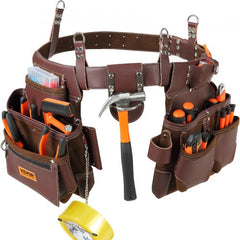 Brown PU leather tool belt with 22 pockets and adjustable fit from 29 to 54 inches.