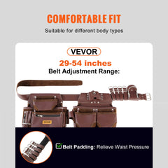 Brown PU leather tool belt with 22 pockets and adjustable fit from 29 to 54 inches.