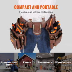 Brown PU leather tool belt with 22 pockets and adjustable fit from 29 to 54 inches.