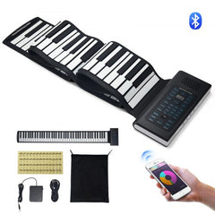 Portable roll-up piano with 88 silicone keys and built-in rechargeable battery.