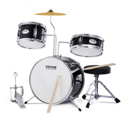 Black 3-piece kids drum set with 14-inch bass drum and adjustable throne for comfort.