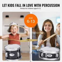 Black 3-piece kids drum set with 14-inch bass drum, adjustable throne, and cymbal.