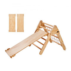 Wooden Pikler triangle climber set with ramp, bars, and net for toddlers.