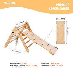Wooden Pikler Triangle Set with ramp, for toddlers 1-3 years, 160 lb capacity.