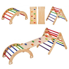 Wooden Pikler triangle set with ramp and arch for toddlers, promoting active play and development.