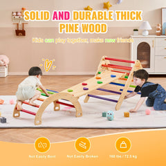 Wooden Pikler Triangle Set with ramp and arch for toddlers, featuring smooth edges and sturdy design.