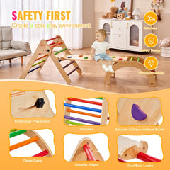 Wooden Pikler triangle set with ramp and arch for toddlers, designed for safe climbing and sliding.