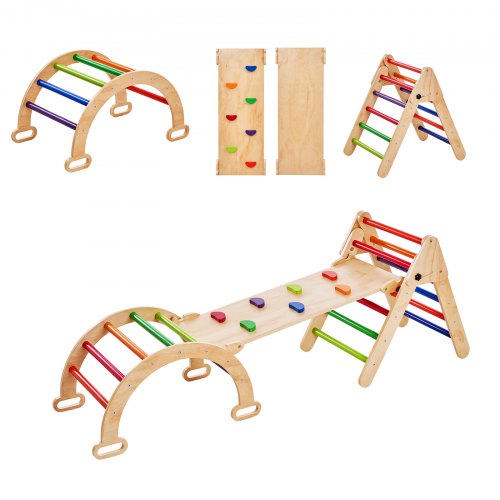 Wooden Montessori climbing set with triangle, arch, and ramp for toddlers aged 1 to 3 years.