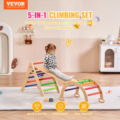 A toddler climbs on a colorful wooden 5-in-1 Montessori Pikler triangle set with arch and ramp.
