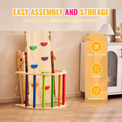 Wooden Pikler triangle climbing set with colorful holds and foldable design for toddlers.