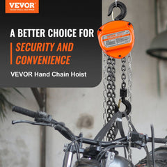 Bostome 1 Ton Hand Chain Hoist with 20 ft G80 galvanized steel chain and dual-pawl brake system.