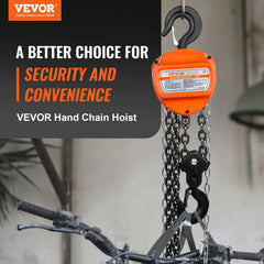 Bostome 3 ton hand chain hoist with 10 ft lift and G80 galvanized steel chain for heavy lifting.