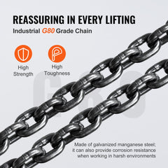 Bostome 3 ton hand chain hoist with 10 ft lift and G80 galvanized steel chain for durability.