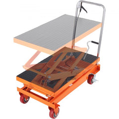 An orange hydraulic lift table cart with a black non-slip platform and red wheels.