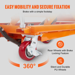 An orange hydraulic lift table cart features red 360-degree swivel wheels with a brake locking feature.