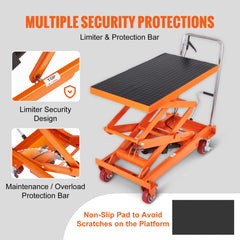 An orange hydraulic lift table cart with a black non-slip pad and safety features.