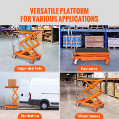 An orange hydraulic lift table cart is shown in four different industrial settings.