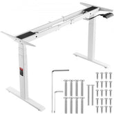 White adjustable dual motor standing desk frame with height from 26 to 50.8 inches, shown with assembly tools and screws.