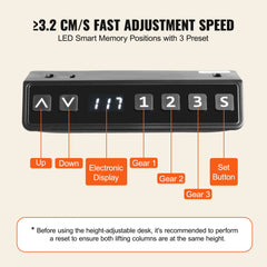 Control panel for Bostome dual motor standing desk frame with up/down buttons, LED display, 3 preset gears, and reset instructions.