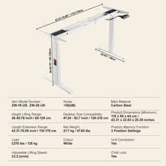 White adjustable dual motor standing desk frame with height range 26-50.8 inches.