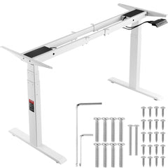 White adjustable standing desk frame with dual motors and included screws and tools