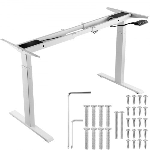 White dual motor electric standing desk frame with adjustable height and reinforced legs.