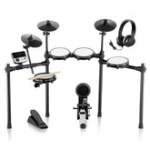 Black electric drum kit with four mesh pads, three cymbals, pedals, headphones, and control module.