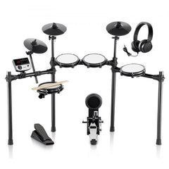 Black electric drum kit with four mesh pads, three cymbals, pedals, headphones, and control module.