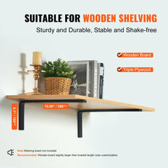 Matte black steel L shelf brackets, 10x6 inches, sturdy design for heavy load support.