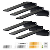 Six matte black steel L-shaped shelf brackets, 10 inches long, with screws and level included.