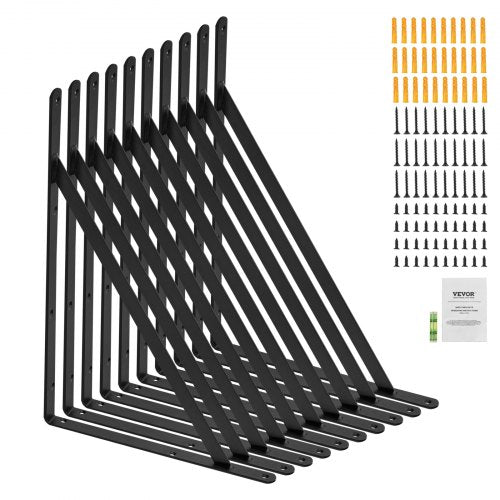 Matte black steel shelf brackets in a triangle design, 12x8 inches, 10-pack.