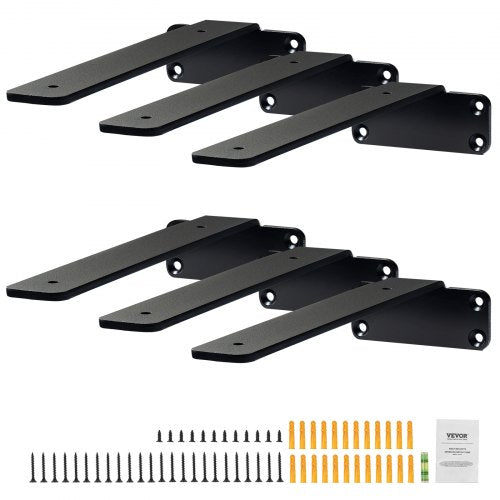 Matte black steel L shelf brackets in a 6-pack, each supporting up to 160 lbs.