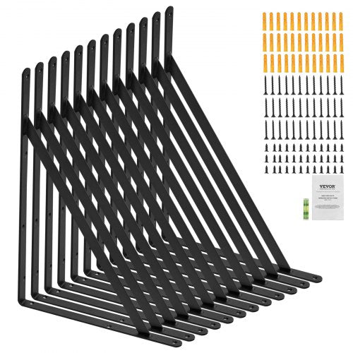Matte black steel shelf brackets, 18x12 inches, in a 12-pack with durable construction.