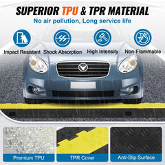2-channel TPU cable protector ramp with yellow lid, anti-slip surface, and 22,000 lbs load capacity.