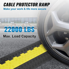 A yellow 5-pack TPU cable protector ramp with 2 channels and 22,000 lbs load capacity.