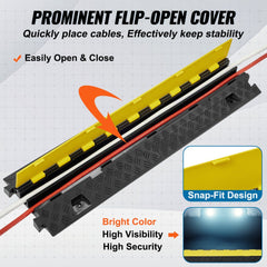 Yellow 2-channel TPU cable protector ramp with flip-open cover and high visibility design.