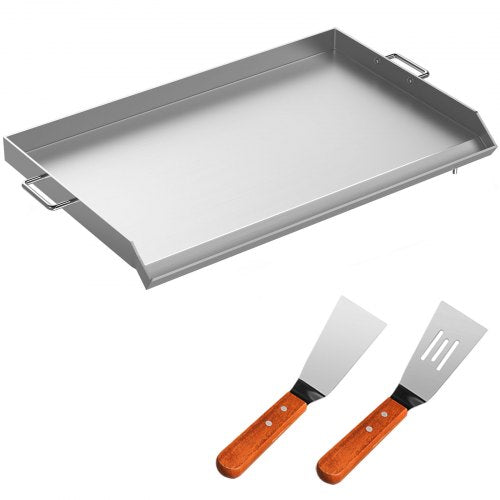 Stainless steel flat top griddle measuring 32"x17" for BBQ and camping with grease trough.