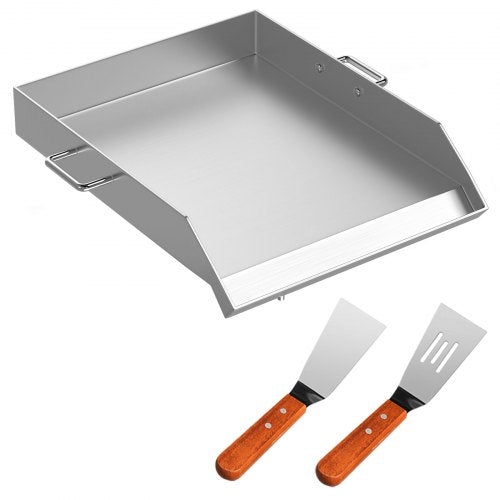 Stainless steel 18x16 inch stovetop griddle with handles and two wooden-handled spatulas.
