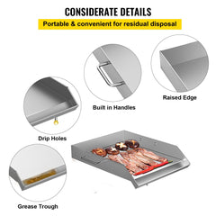Stainless steel stovetop griddle with raised edges, drip holes, grease trough, and handles.
