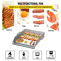 18x16 inch stainless steel stovetop griddle with handle, shown cooking salmon, eggs, bacon, shrimp, pizza, and broccoli.