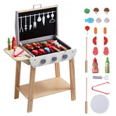 Wooden kids BBQ grill playset with 21 pieces including foods, tools, and pretend sounds.