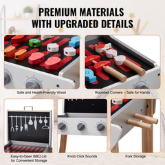 Wooden kids BBQ grill playset with 21 pieces, pretend sounds, and storage features.